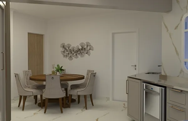 Sala de jantar integrada à cozinha planejada com adega